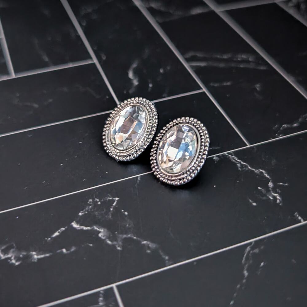 Vintage Stud Earrings Clear Gem Oval with Silver Tone Halo - Picture 3 of 7